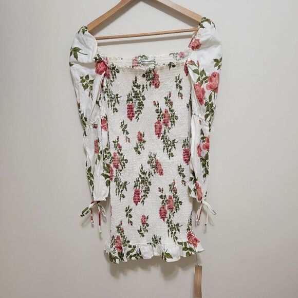 Reformation Linen Dress Hilary Floral Smocked Puff Sleeve Large - Picture 6 of 13